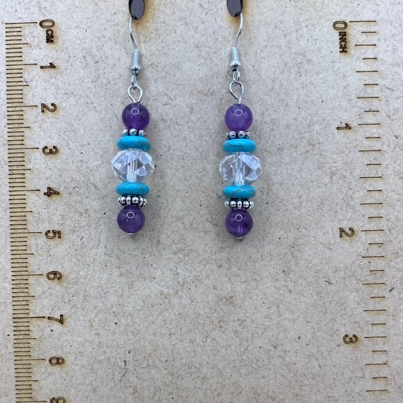 Amethyst Turquoise Austrian Crystal Handmade Pierced Earrings LR132 - Picture 3 of 4